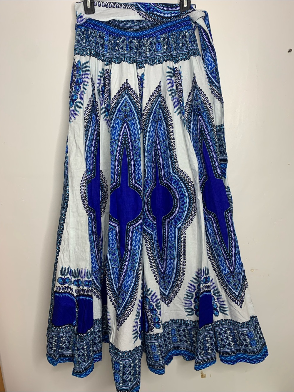 Bohemian Blue & White Cotton tribal tie waist smocked pocket maxi skirt small - Picture 2 of 14